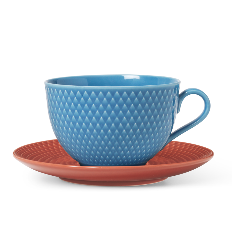 Lyngby Porcelæn Rhombe Color tekop med underkop blå/terracotta 39 cl
